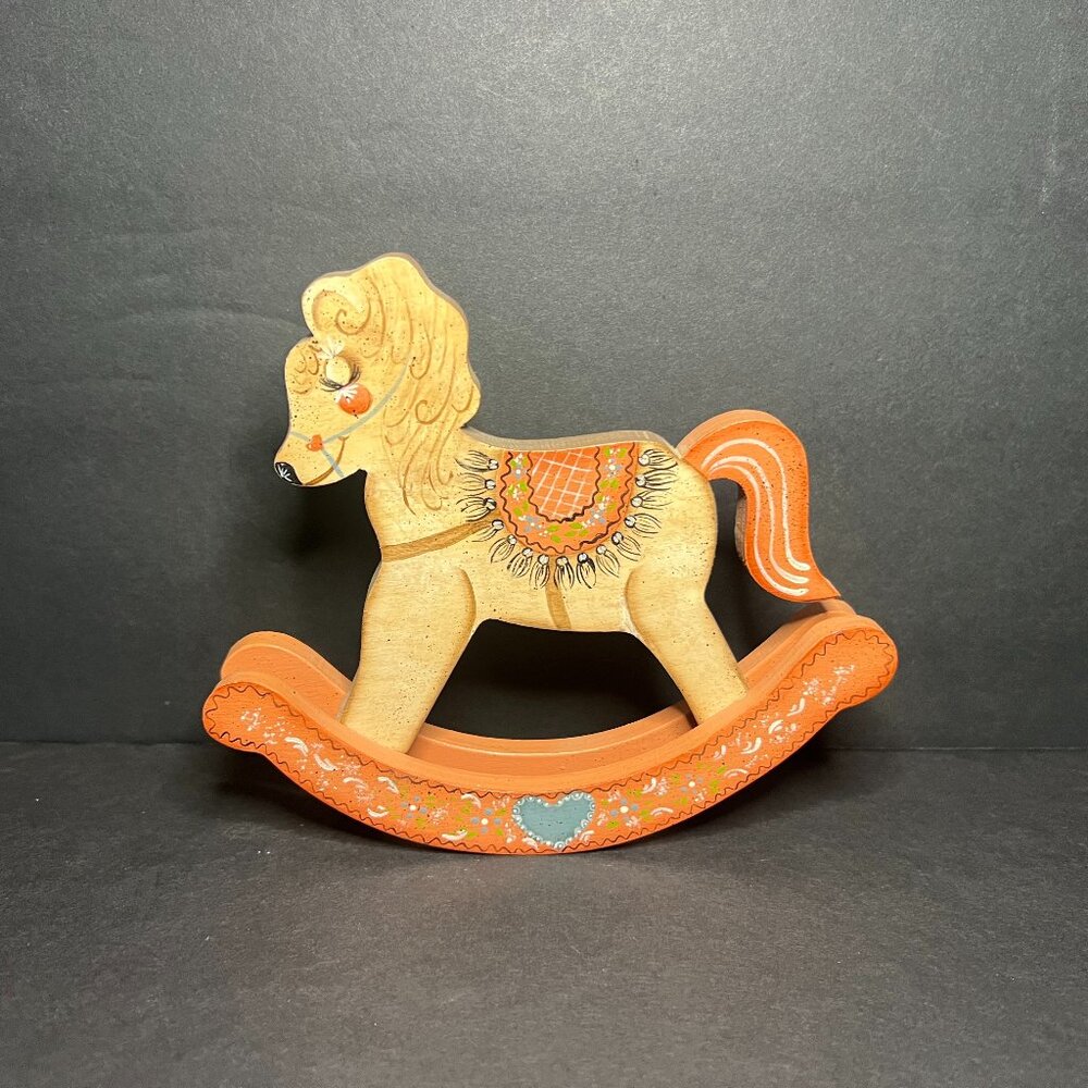 Vintage Retro Hand Painted Wooden Rocking Horse Figure w/ Fringed Saddle